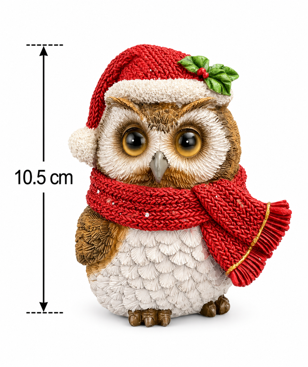Christmas owl figurine in a Santa hat and scarf shown against a plain white background with a 10.5cm height measurement diagram
