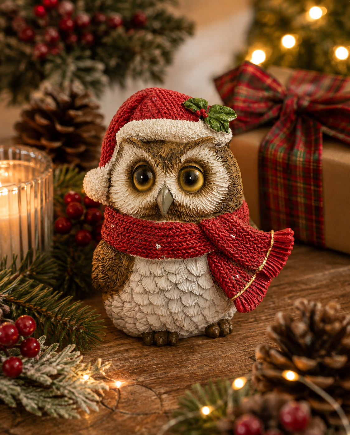 Christmas owl figurine wearing a red Santa hat with holly and a red knit scarf, sitting on a wooden table beside a lit candle, pinecones and a wrapped gift with a tartan bow