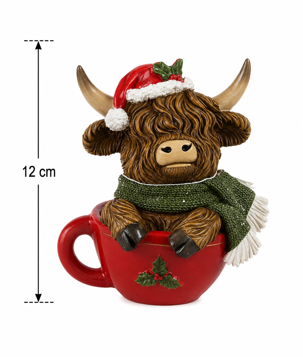 Highland cow Christmas mug figurine shown against a plain white background with a 12cm height measurement diagram