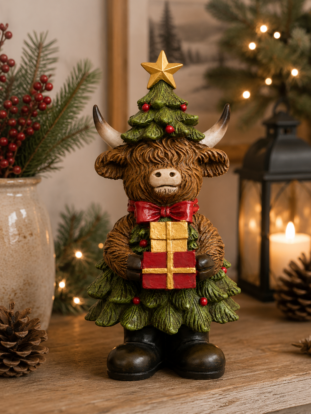 Highland cow Christmas figurine dressed as a pine tree with a gold star and holding a wrapped gift, displayed on a wooden table with a vase, lantern and Christmas tree in the background