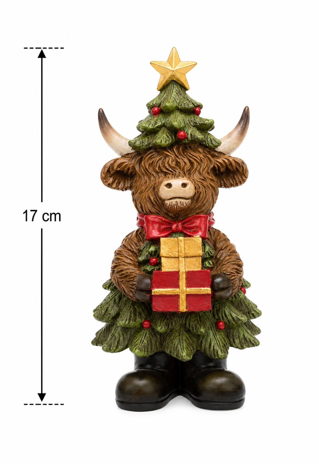 Highland cow Christmas tree figurine shown against a plain white background with a 17cm height measurement diagram
