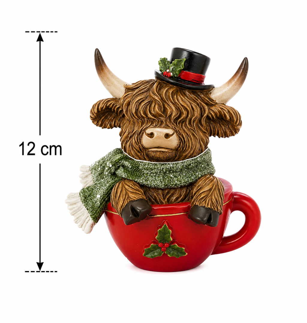 Highland cow top hat mug figurine shown against a plain white background with a 12cm height measurement diagram