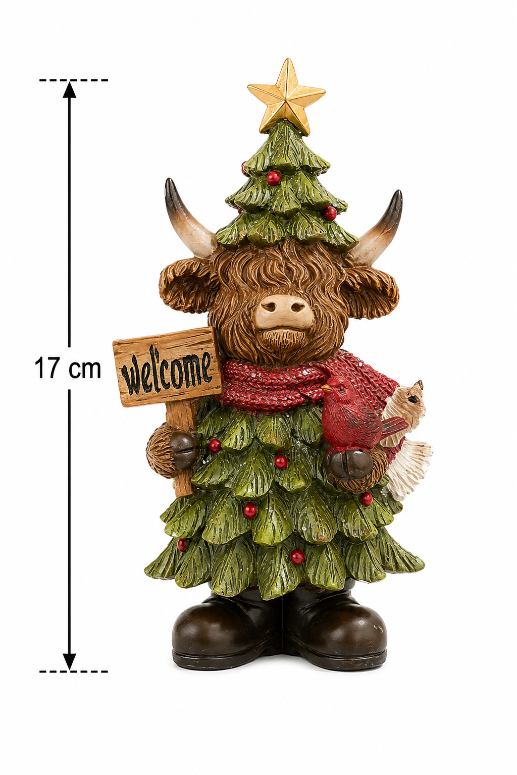 Highland cow Christmas tree Welcome sign figurine shown against a plain white background with a 17cm height measurement diagram