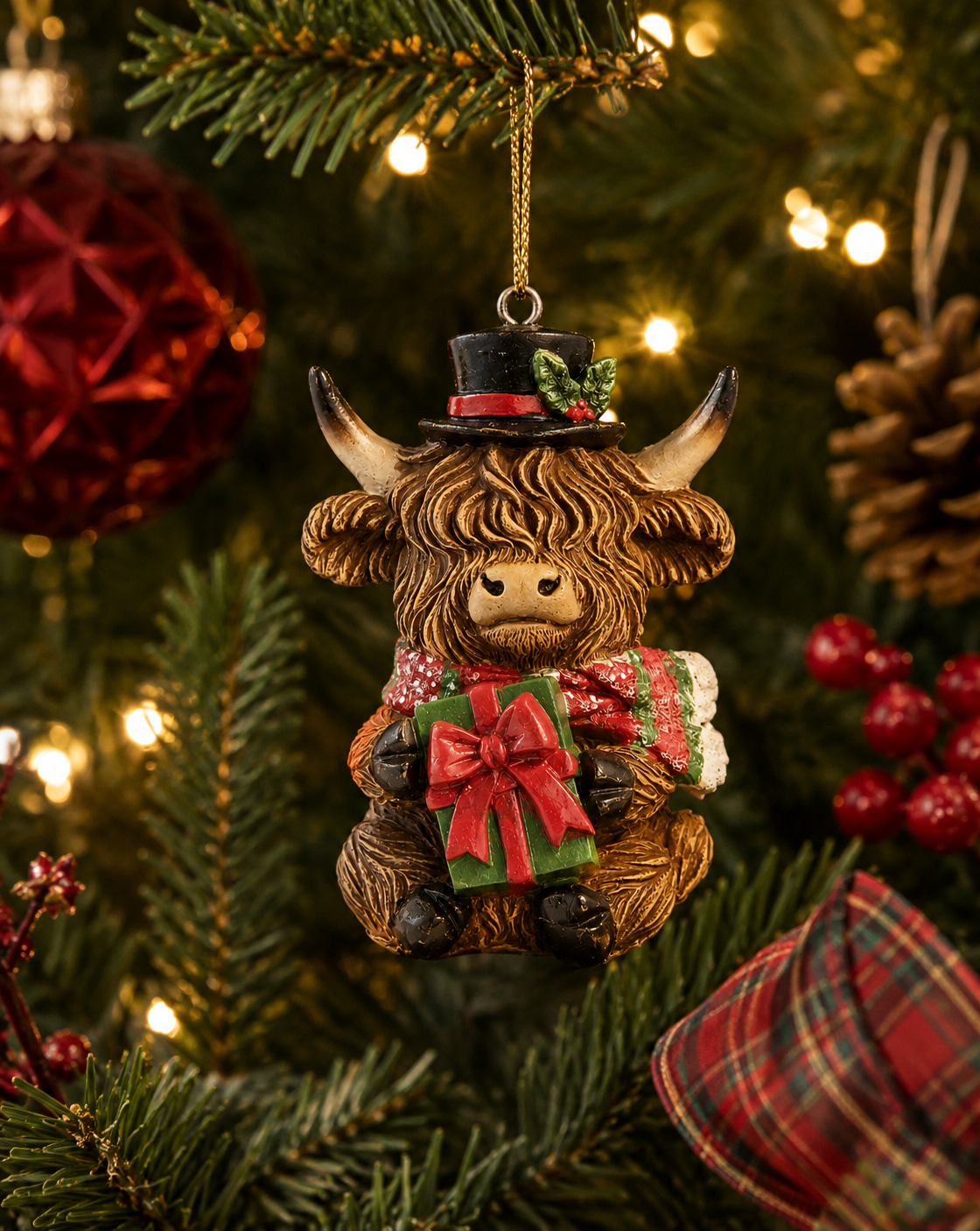 Highland cow Christmas ornament wearing a black top hat and holding a wrapped gift, hanging on a Christmas tree branch next to a red bauble and pinecone