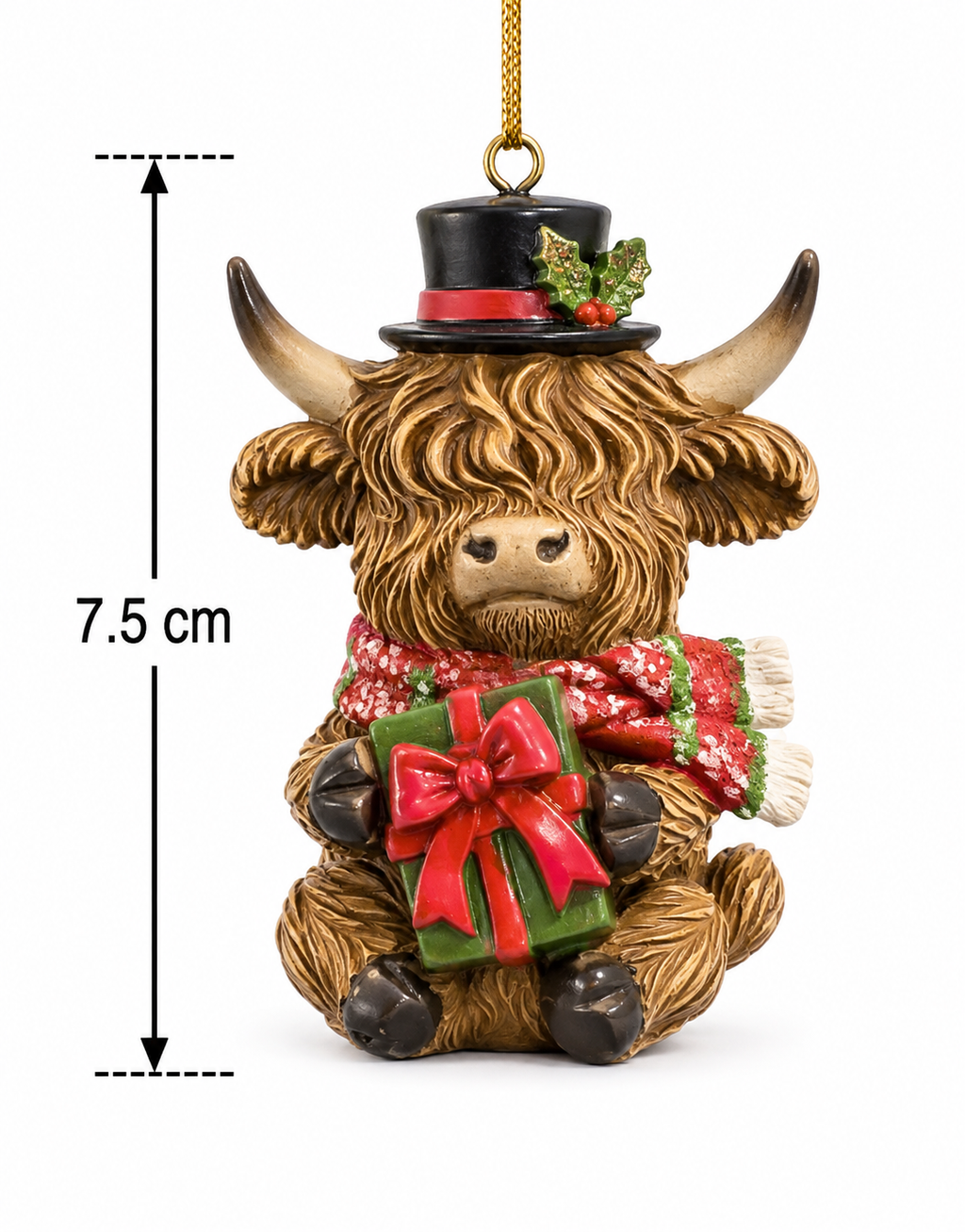 Highland cow Christmas tree ornament shown against a plain white background with a 7.5cm height measurement diagram