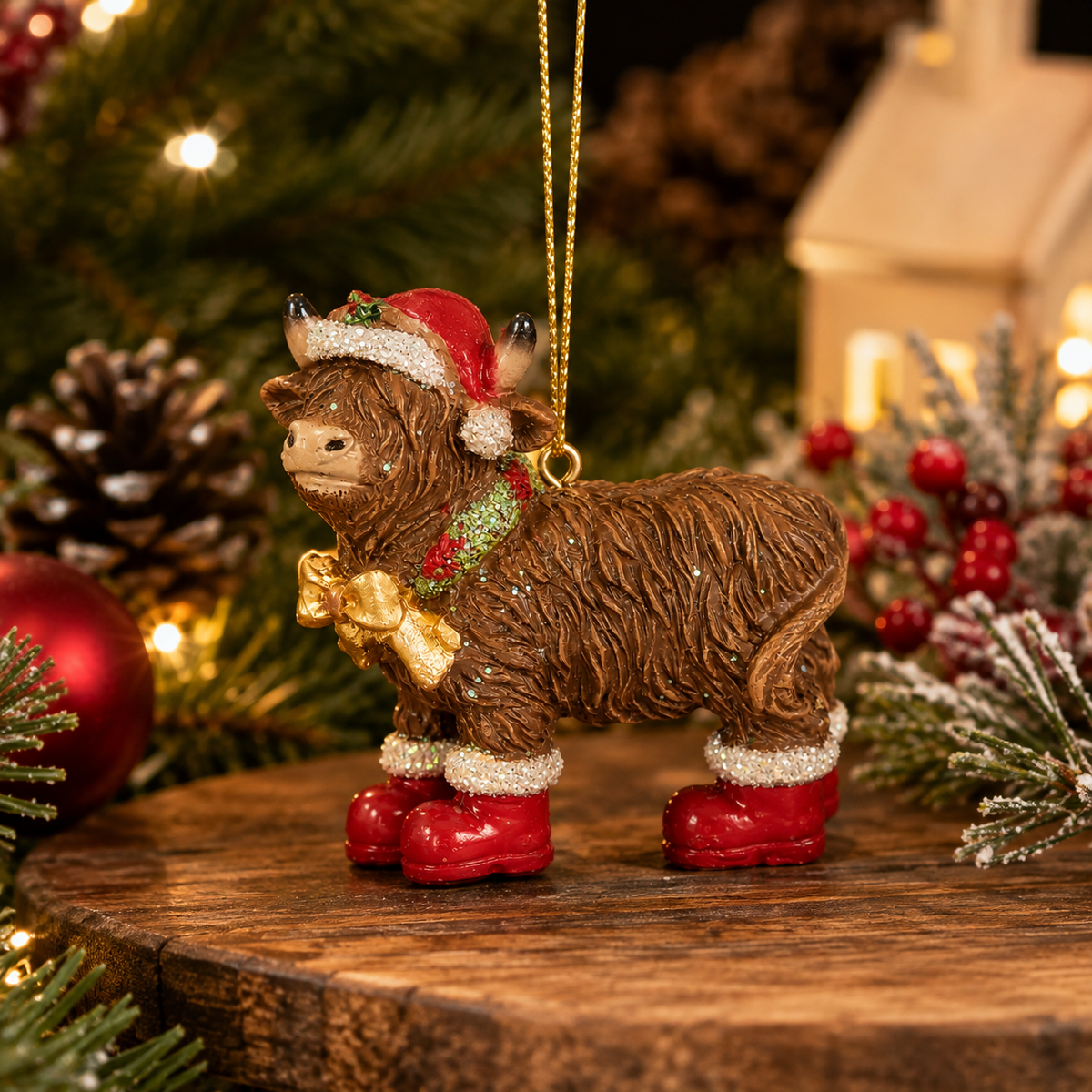 Highland cow Christmas ornament wearing red Santa boots, a Santa hat and a holly scarf, hanging on a gold cord in front of a Christmas tree with a red bauble and small light-up house in the background