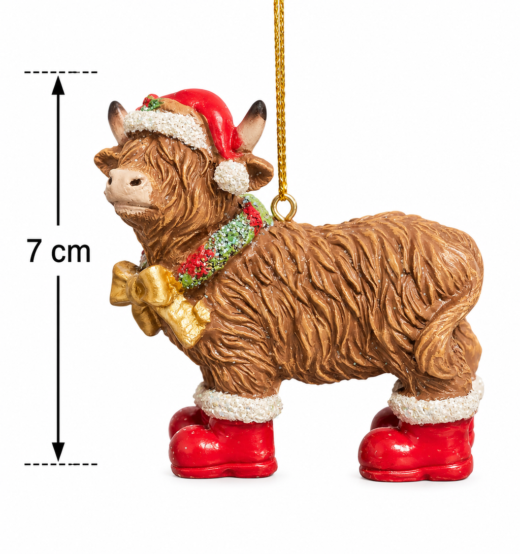 Highland cow Christmas ornament in Santa boots shown against a plain white background with a 7cm height measurement diagram