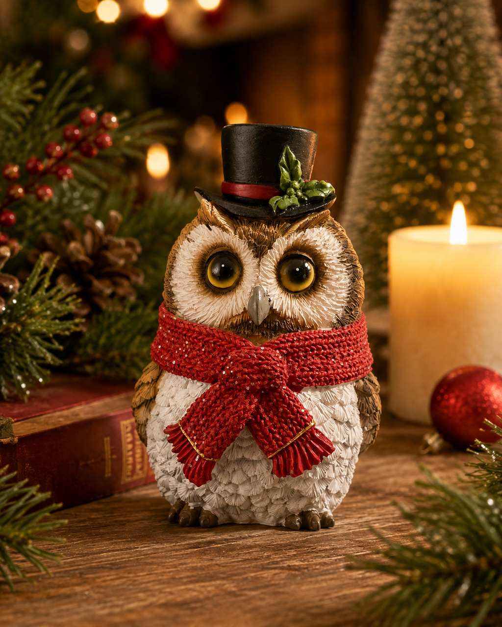 Christmas owl figurine wearing a black top hat with holly trim and a long red glitter scarf, sitting on a wooden table next to an old book, a lit candle and a red bauble