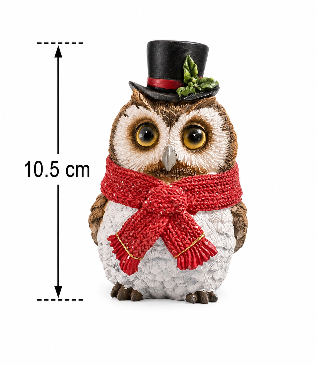 Christmas owl figurine in a top hat and scarf shown against a plain white background with a 10.5cm height measurement diagram