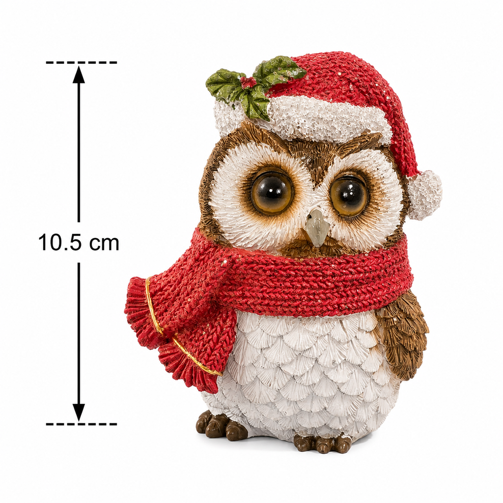Christmas owl figurine in a Santa hat and scarf shown against a plain white background with a 10.5cm height measurement diagram