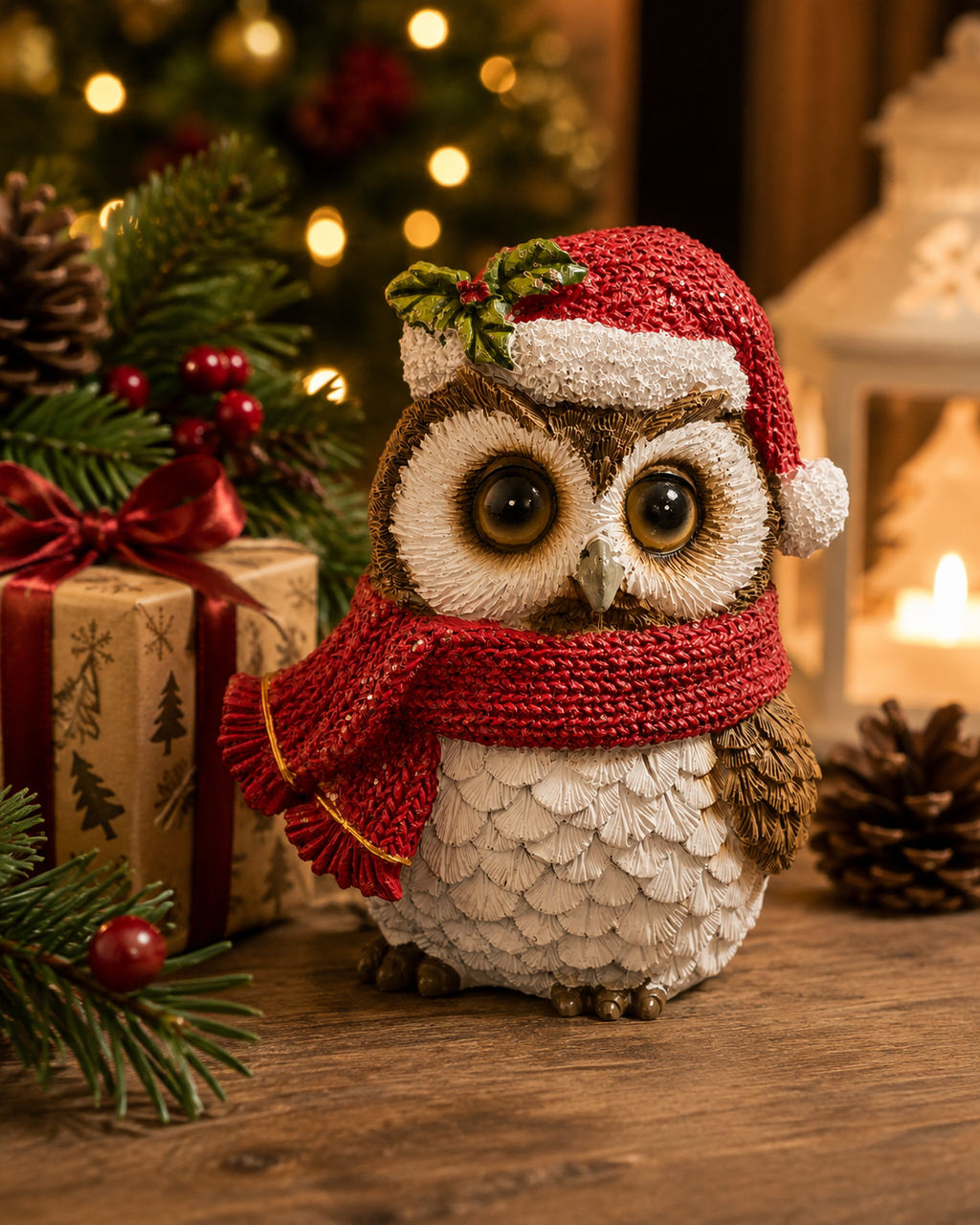 Christmas owl figurine wearing a red Santa hat with holly and a red knit scarf, sitting on a wooden table beside a wrapped gift, pinecones and a white lantern with a candle