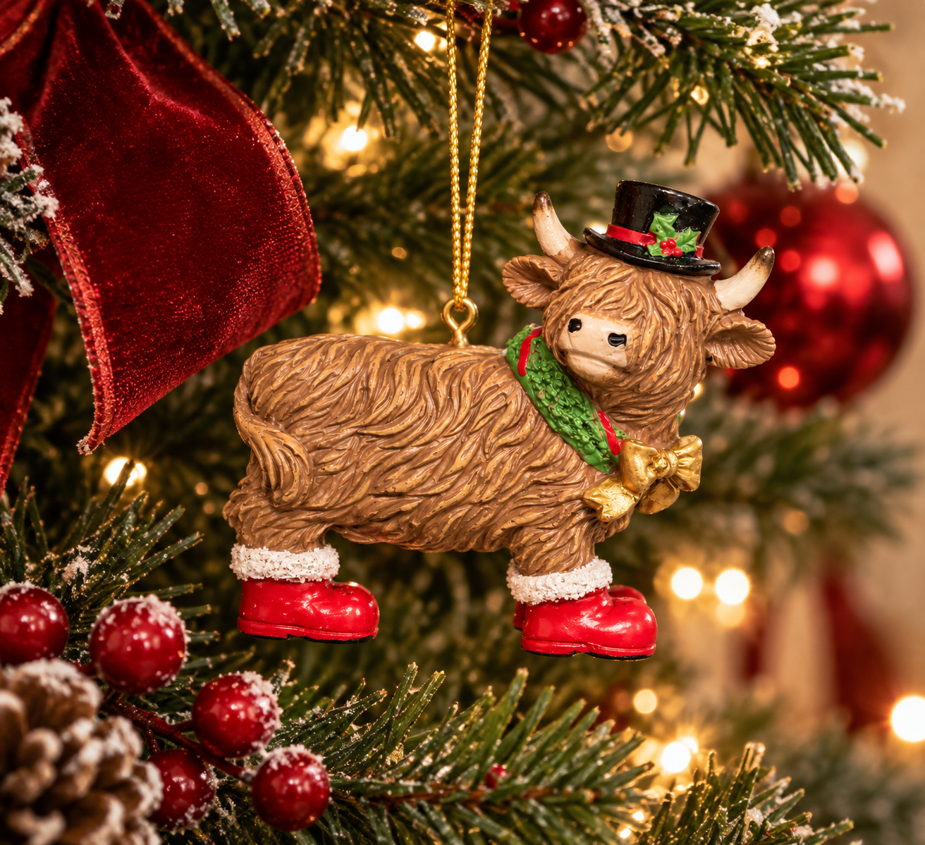 Highland cow Christmas ornament wearing a black top hat, green holly scarf and red Santa boots, hanging on a gold cord in front of a Christmas tree with a red velvet ribbon and bauble