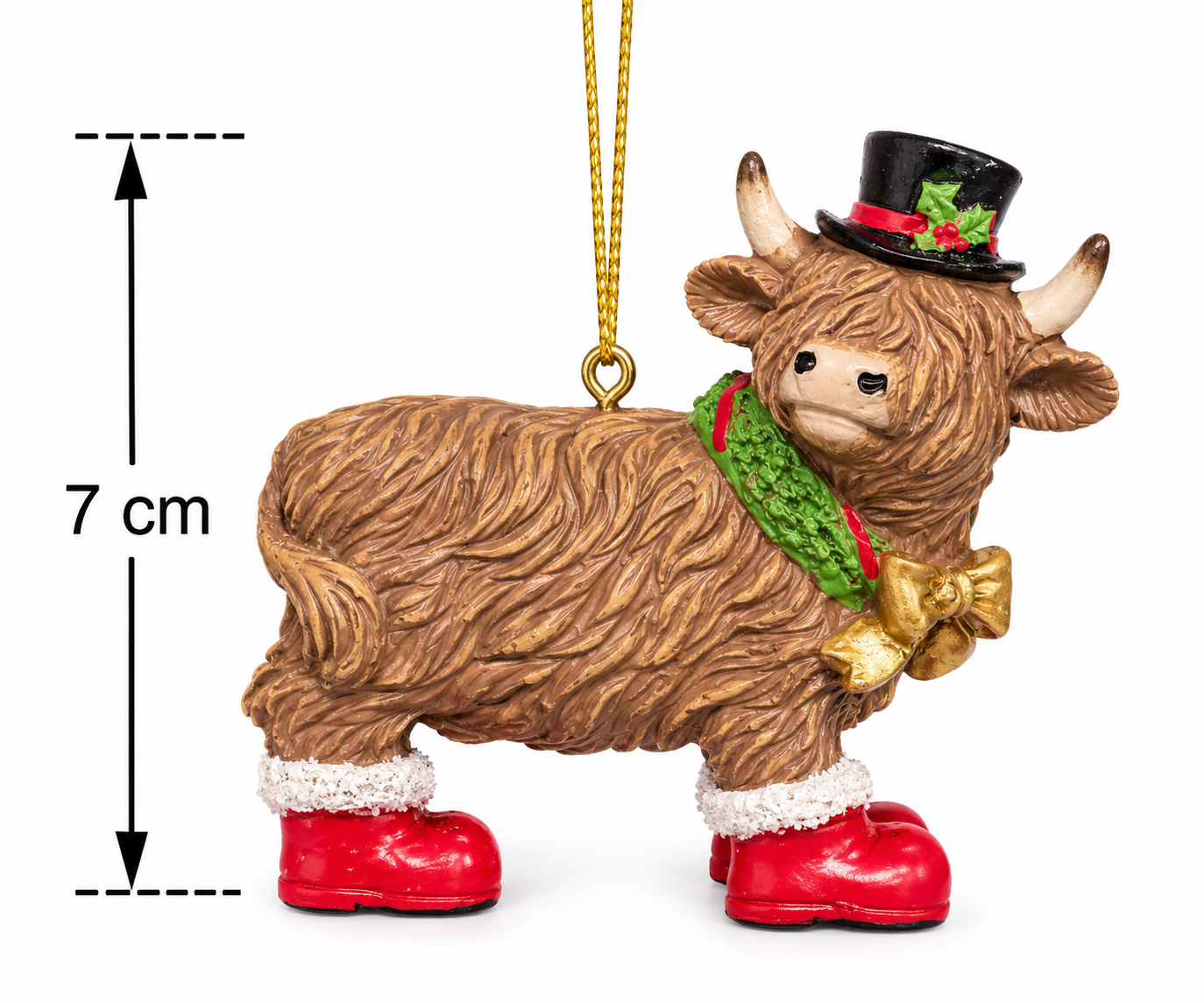 Highland cow Christmas ornament in a top hat and Santa boots shown against a plain white background with a 7cm height measurement diagram