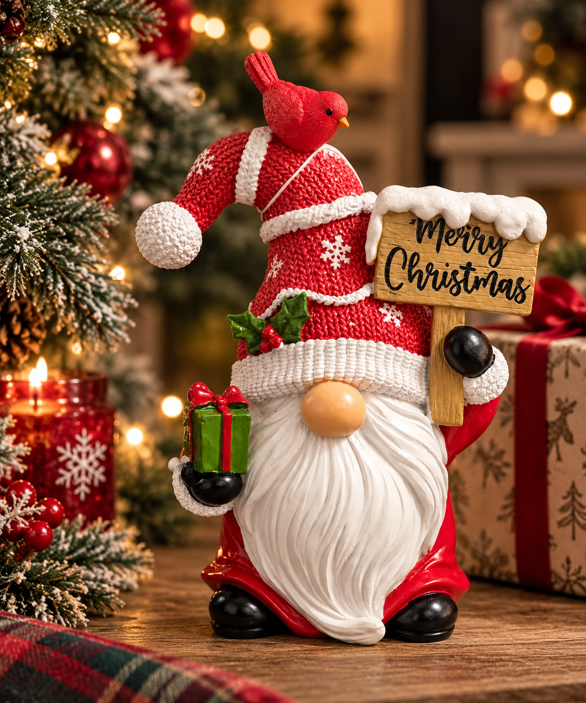 Christmas gnome figurine holding a snow-capped wooden Merry Christmas sign and a wrapped gift, with a red cardinal perched on its hat, displayed near a red candle, pinecones and wrapped presents