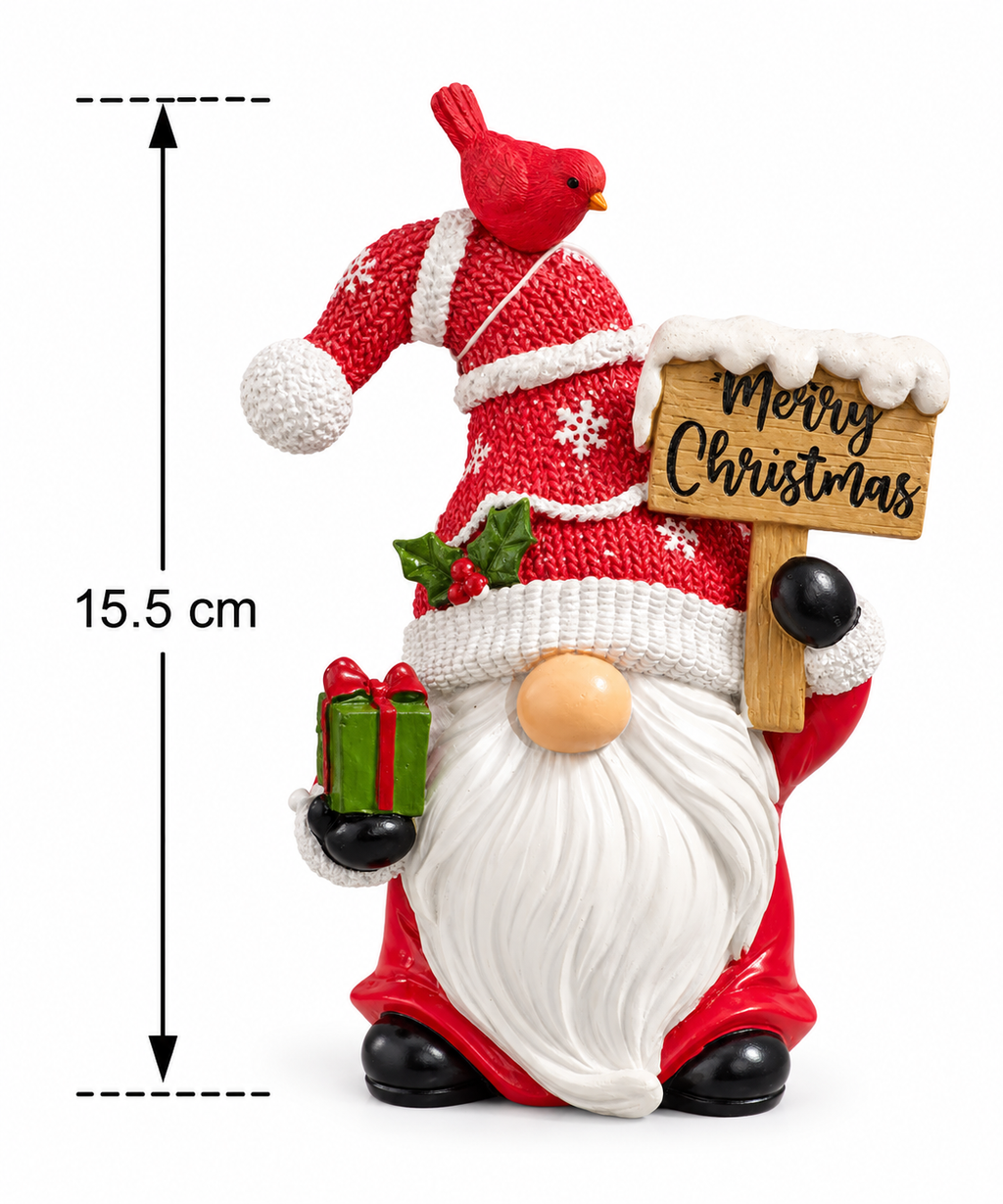 Christmas gnome figurine with Merry Christmas sign shown against a plain white background with a 15.5cm height measurement diagram