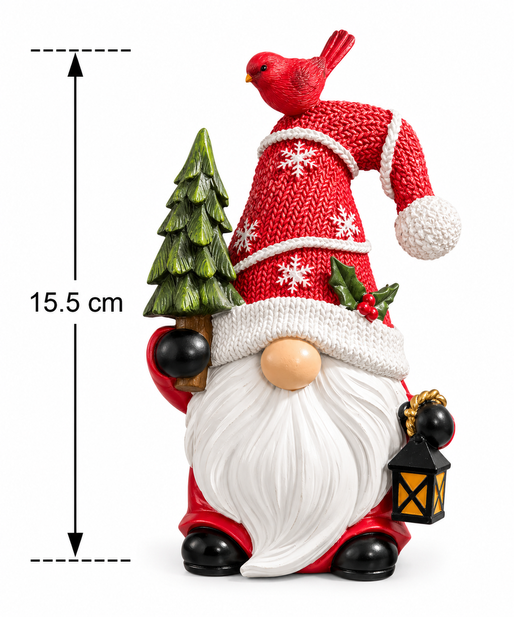 Christmas gnome figurine with lantern and tree shown against a plain white background with a 15.5cm height measurement diagram