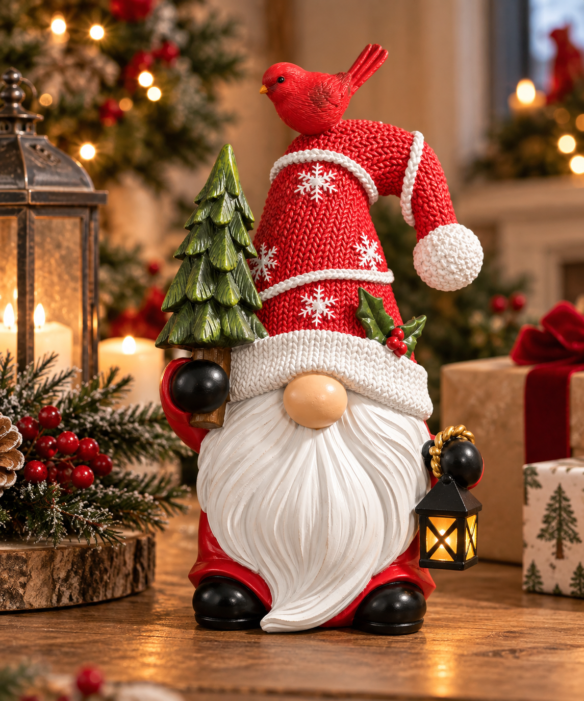 Christmas gnome figurine holding a glowing lantern and a small Christmas tree, with a red cardinal perched on its hat, displayed near a rustic lantern, candles and wrapped gifts