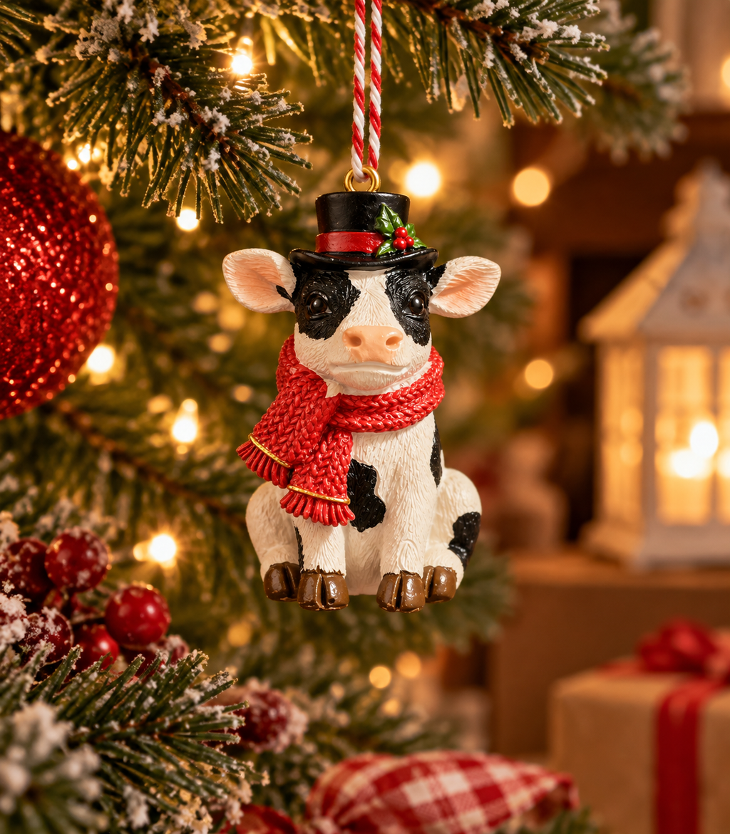 Holstein cow Christmas ornament wearing a black top hat and red scarf, hanging on a snowy Christmas tree with a red bauble, pinecones and gift boxes in the background