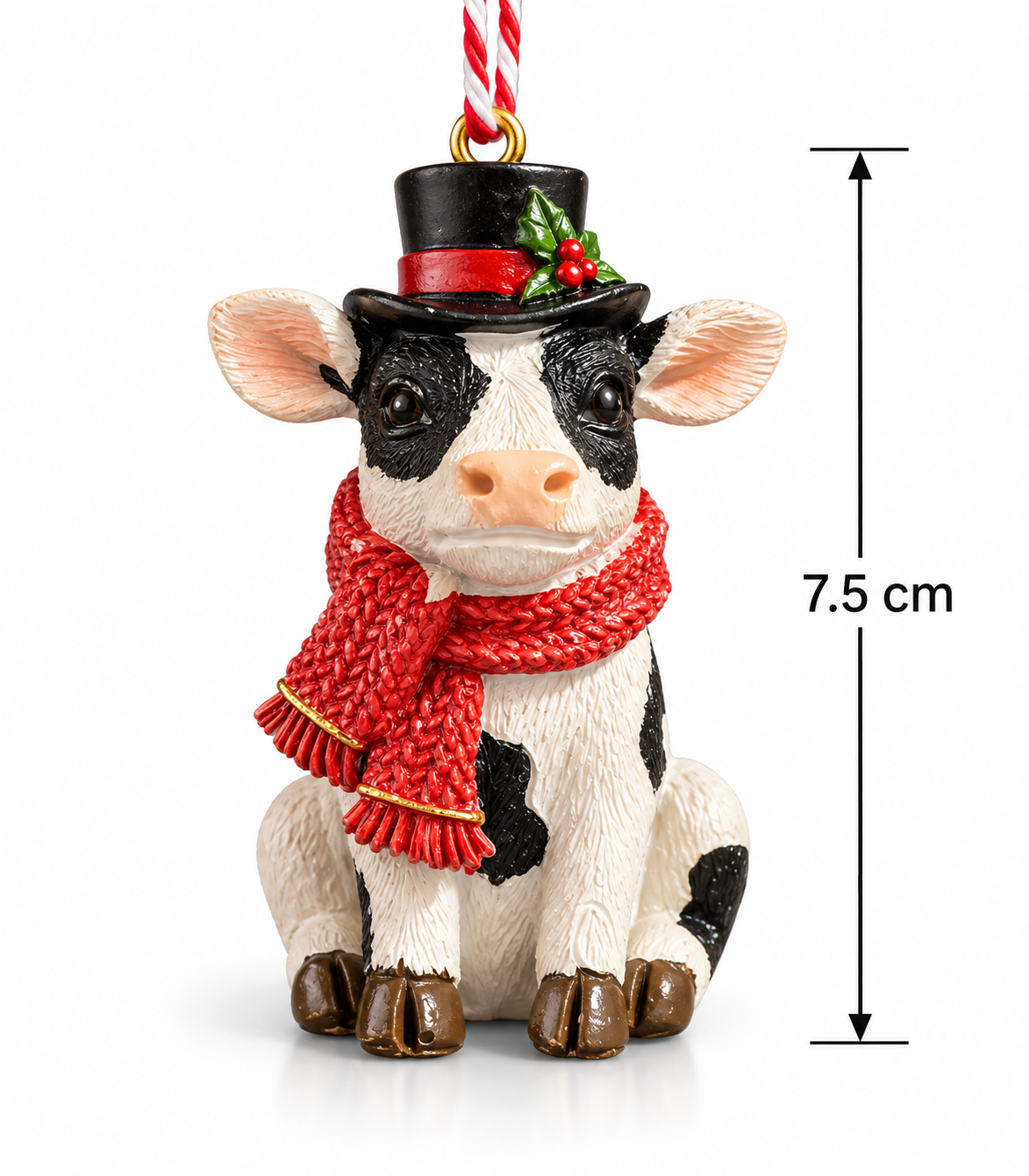 Holstein cow Christmas ornament on a white background with 7.5cm height measurement, showing full detail of the top hat, holly sprig and knit scarf