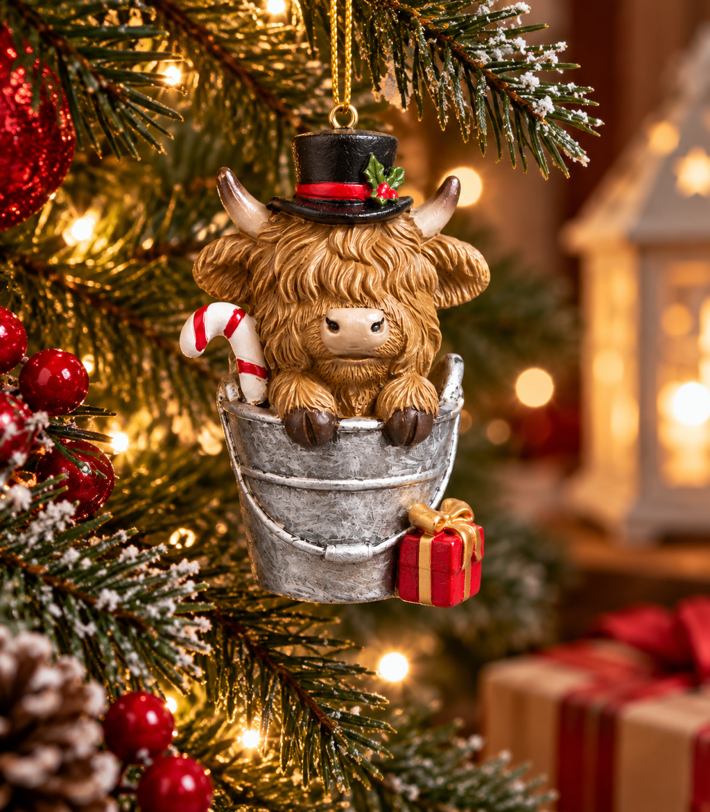 Highland cow in a bucket Christmas ornament wearing a black top hat, holding a candy cane, hanging on a snowy Christmas tree with a red bauble and gift boxes in the background