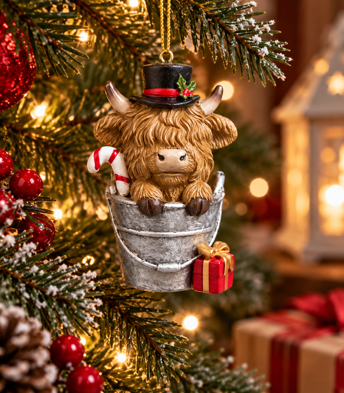 Highland cow in a bucket Christmas ornament wearing a black top hat, holding a candy cane, hanging on a snowy Christmas tree with a red bauble and gift boxes in the background