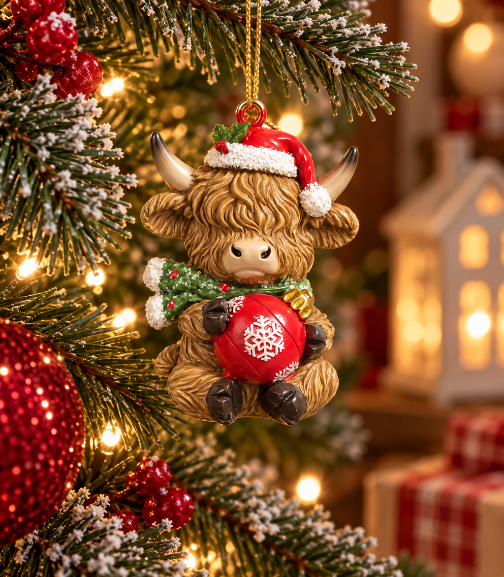 Highland cow Christmas ornament wearing a Santa hat and green scarf, holding a red snowflake bauble, hanging on a snowy Christmas tree with a red bauble and lit houses in the background