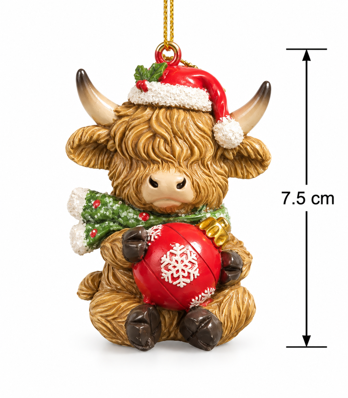 Highland cow Christmas ornament on a white background with 7.5cm height measurement, showing full detail of the Santa hat, scarf and red snowflake bauble