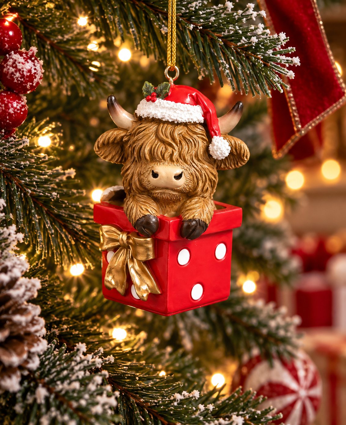 Highland cow Christmas ornament wearing a Santa hat, popping out of a red gift box with a gold bow, hanging on a snowy Christmas tree with red ribbon and lights in the background