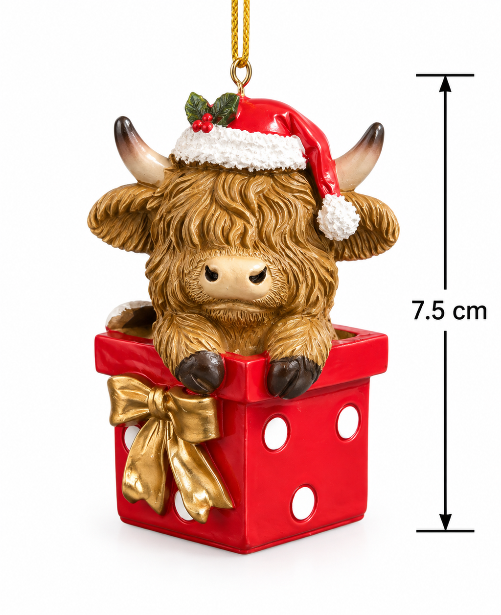 Highland cow Christmas ornament on a white background with 7.5cm height measurement, showing full detail of the Santa hat, gift box and gold bow