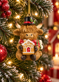 Highland cow Christmas ornament wearing a black top hat, holding a gingerbread house, hanging on a snowy Christmas tree with red baubles and a gingerbread house display in the background