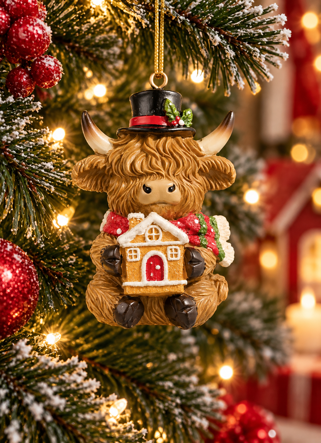 Highland cow Christmas ornament wearing a black top hat, holding a gingerbread house, hanging on a snowy Christmas tree with red baubles and a gingerbread house display in the background
