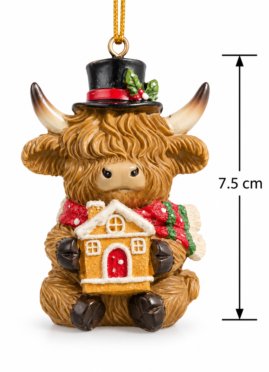Highland cow Christmas ornament on a white background with 7.5cm height measurement, showing full detail of the top hat, scarf and gingerbread house