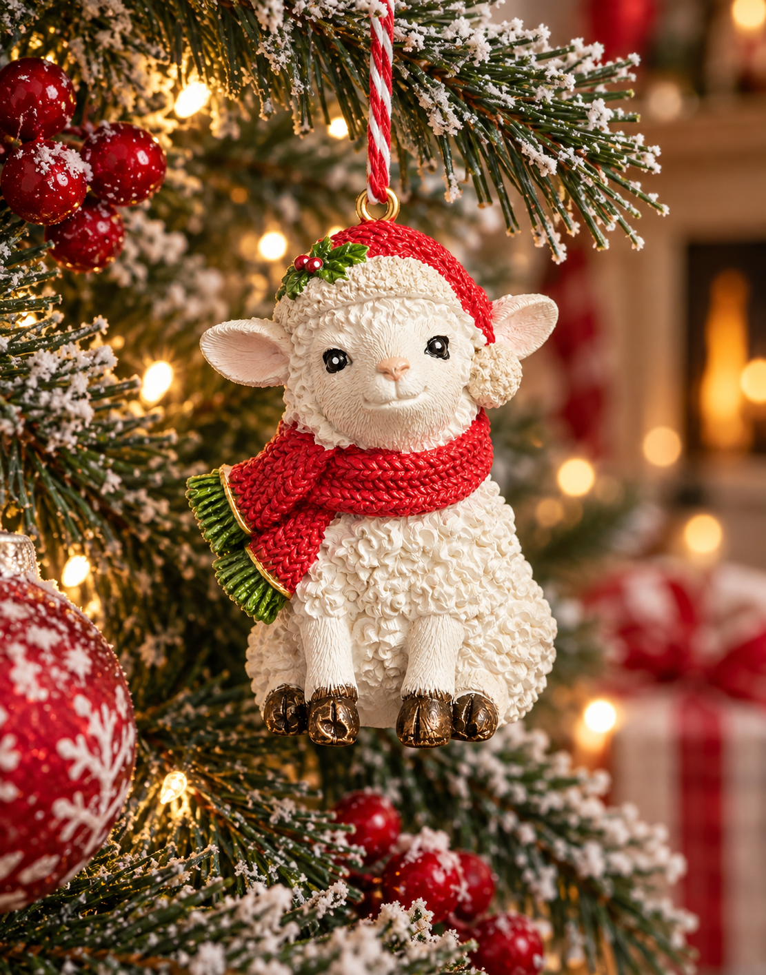 Knitted scarf and Santa hat lamb Christmas ornament hanging on a snowy pine tree branch, surrounded by red baubles and berries with a lit fireplace in the background