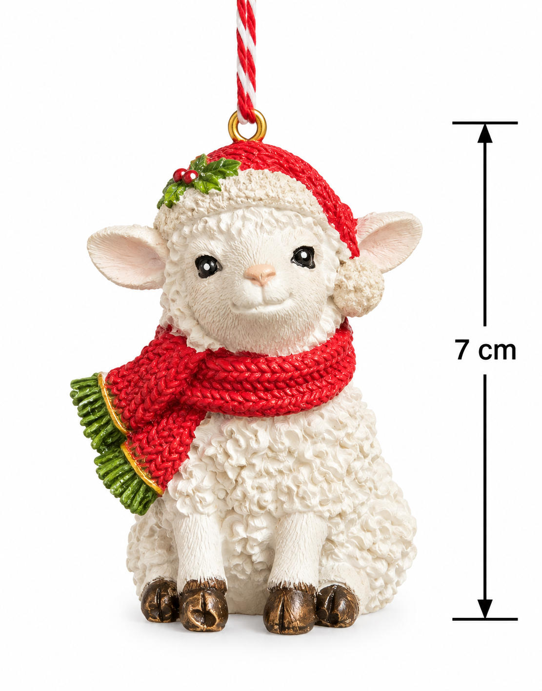 Knitted scarf and Santa hat lamb Christmas ornament on a white background with a 7cm height measurement guide, showing bronze bell feet and red twisted cord hanger