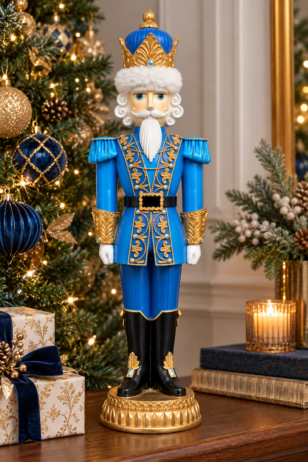 Blue and gold royal Nutcracker King figurine displayed on a wooden table beside a decorated Christmas tree with navy and gold baubles, gift boxes and a lit candle
