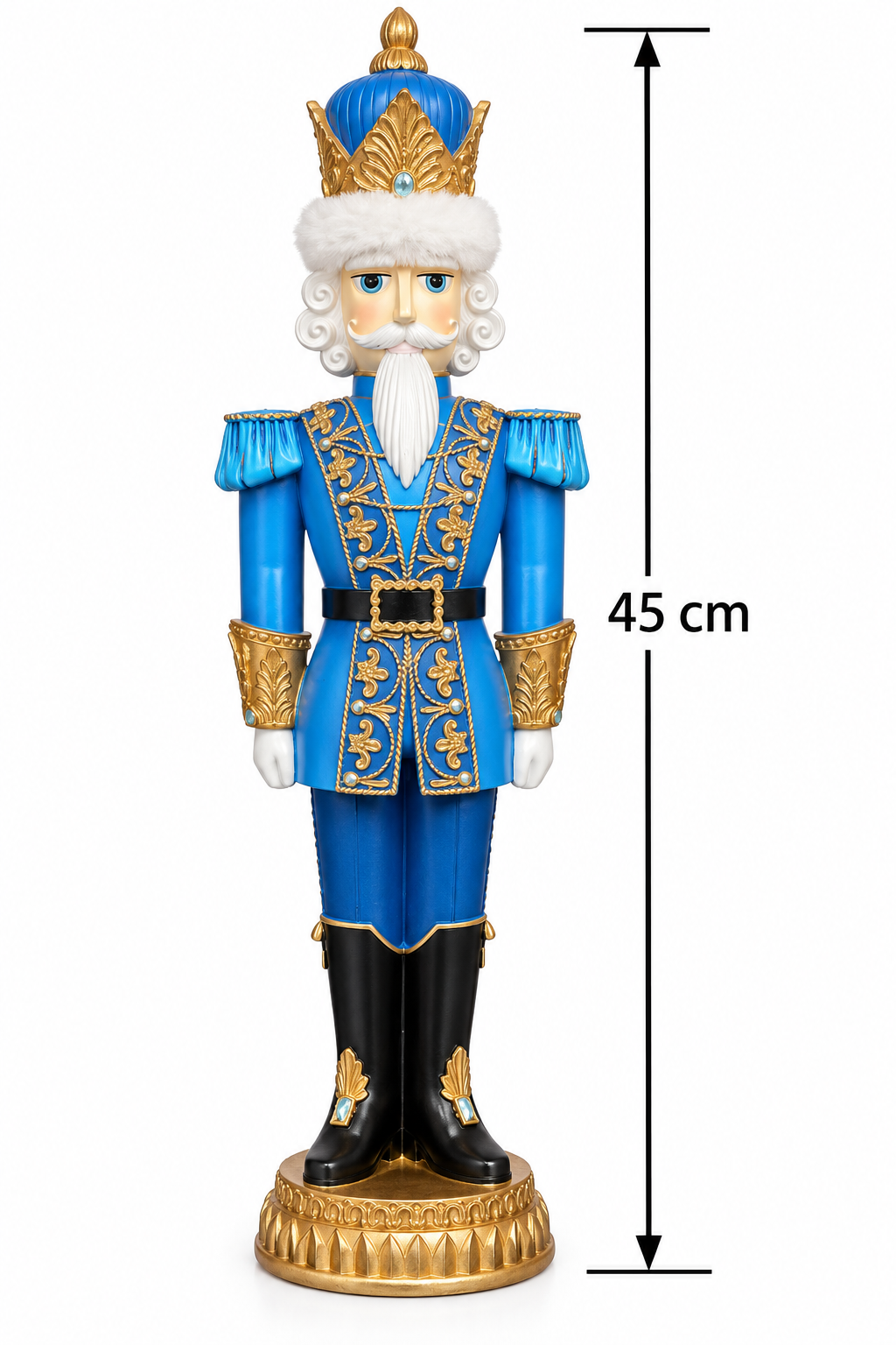 Blue and gold royal Nutcracker King figurine on a white background with a 45cm height measurement guide, showing the fur-trimmed crown, embroidered coat and gold base