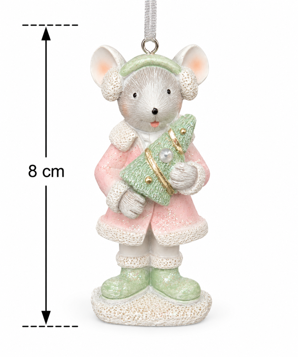 Pink coat mouse Christmas ornament on a white background with 8cm height measurement, showing full detail of the fur trim, green boots and cap, and gold-trimmed mini tree