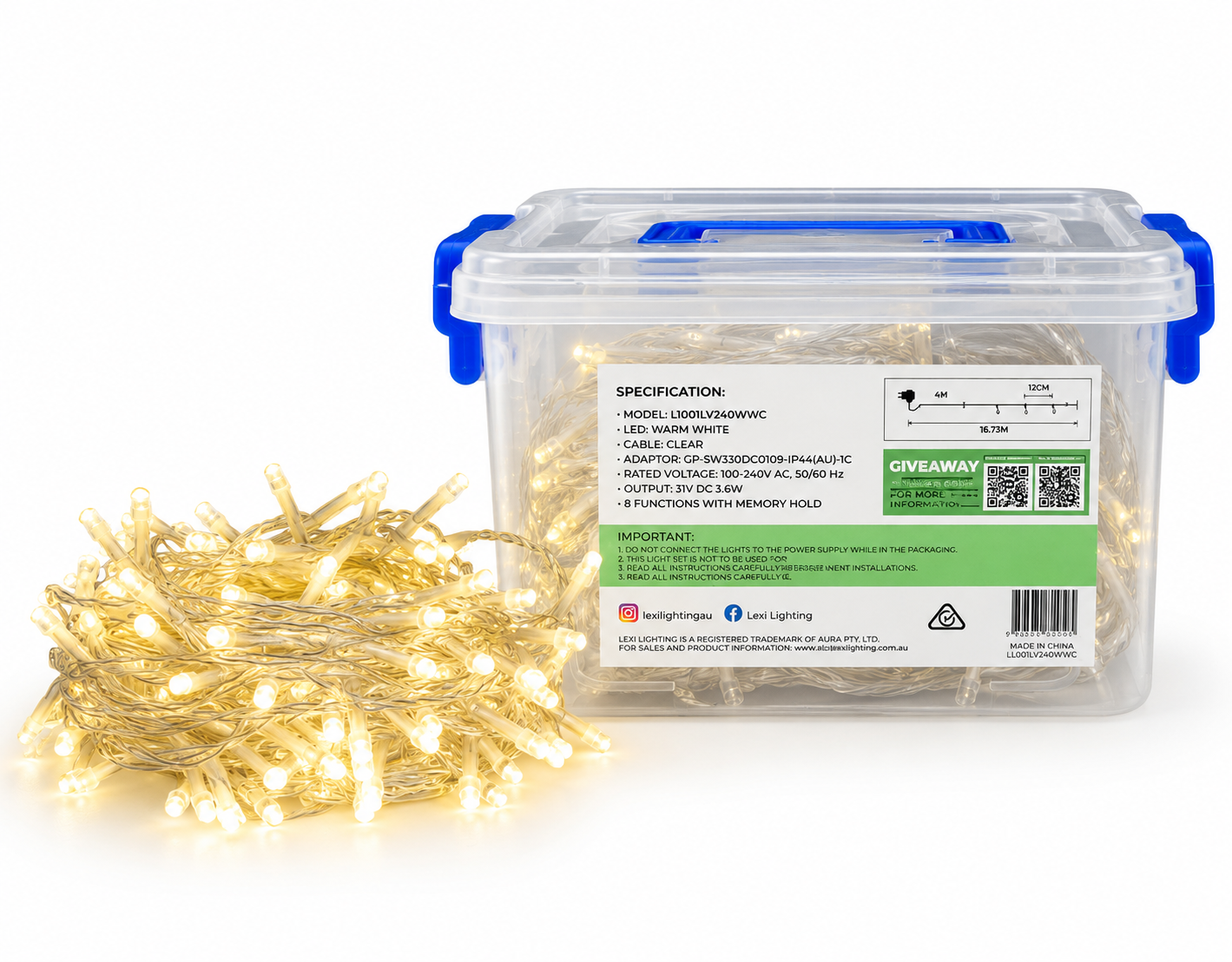 Back of the fairy light packaging showing full product specifications, spacing diagram and warm white LEDs spilling out beside the storage tub
