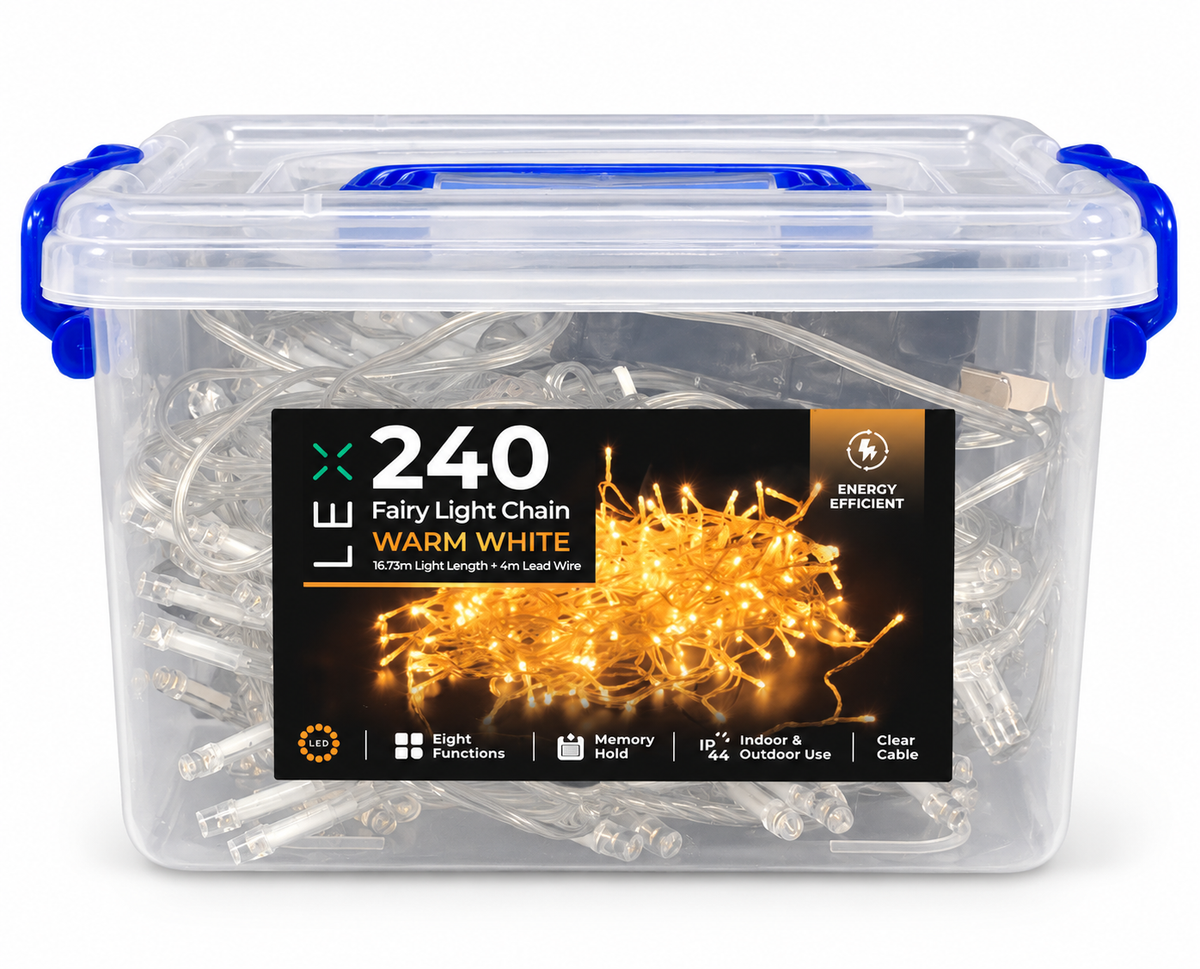LE 240 warm white fairy light chain packaged in a clear storage tub with blue clasps, showing energy efficient, eight functions, memory hold and IP44 rated features on the label