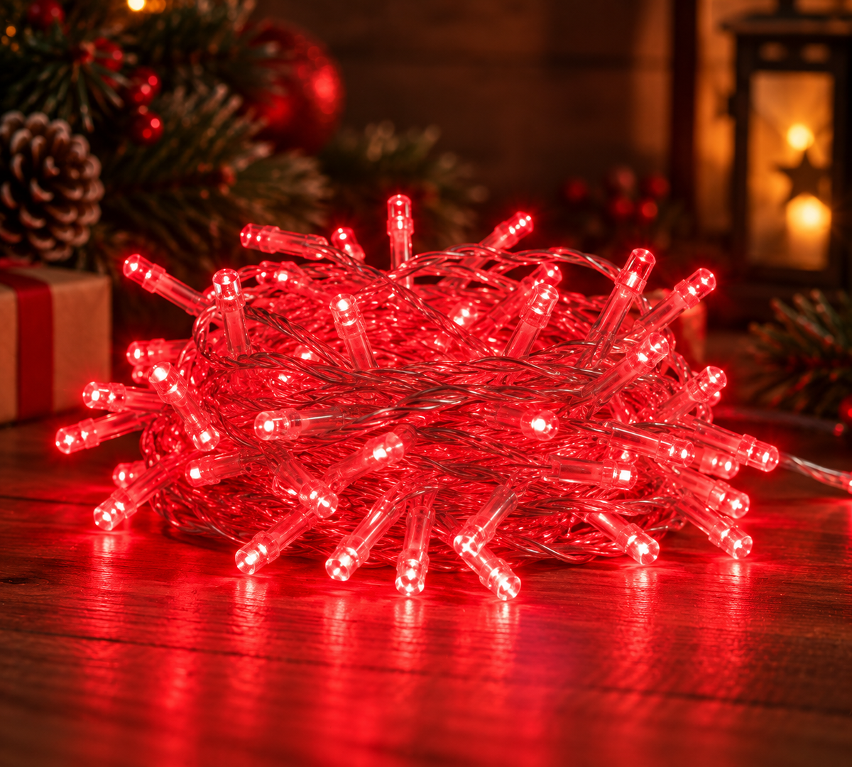 240 red LED fairy lights coiled and glowing on a wooden table beside a wrapped gift, pinecone and red baubles, with a lit lantern in the background