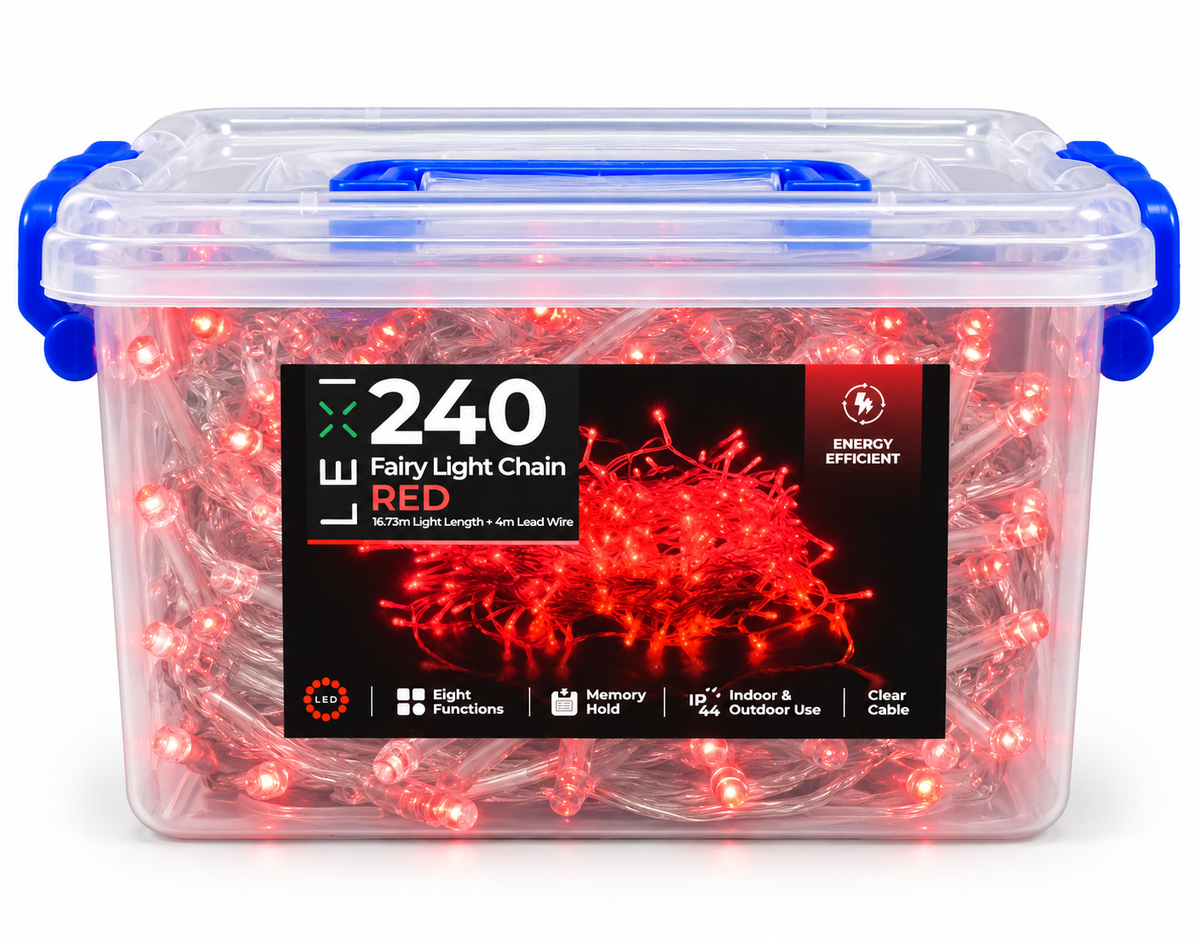 LE 240 red fairy light chain packaged in a clear storage tub with blue clasps, showing energy efficient, eight functions, memory hold and IP44 rated features on the label