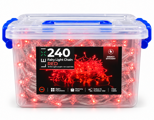 LE 240 red fairy light chain packaged in a clear storage tub with blue clasps, showing energy efficient, eight functions, memory hold and IP44 rated features on the label