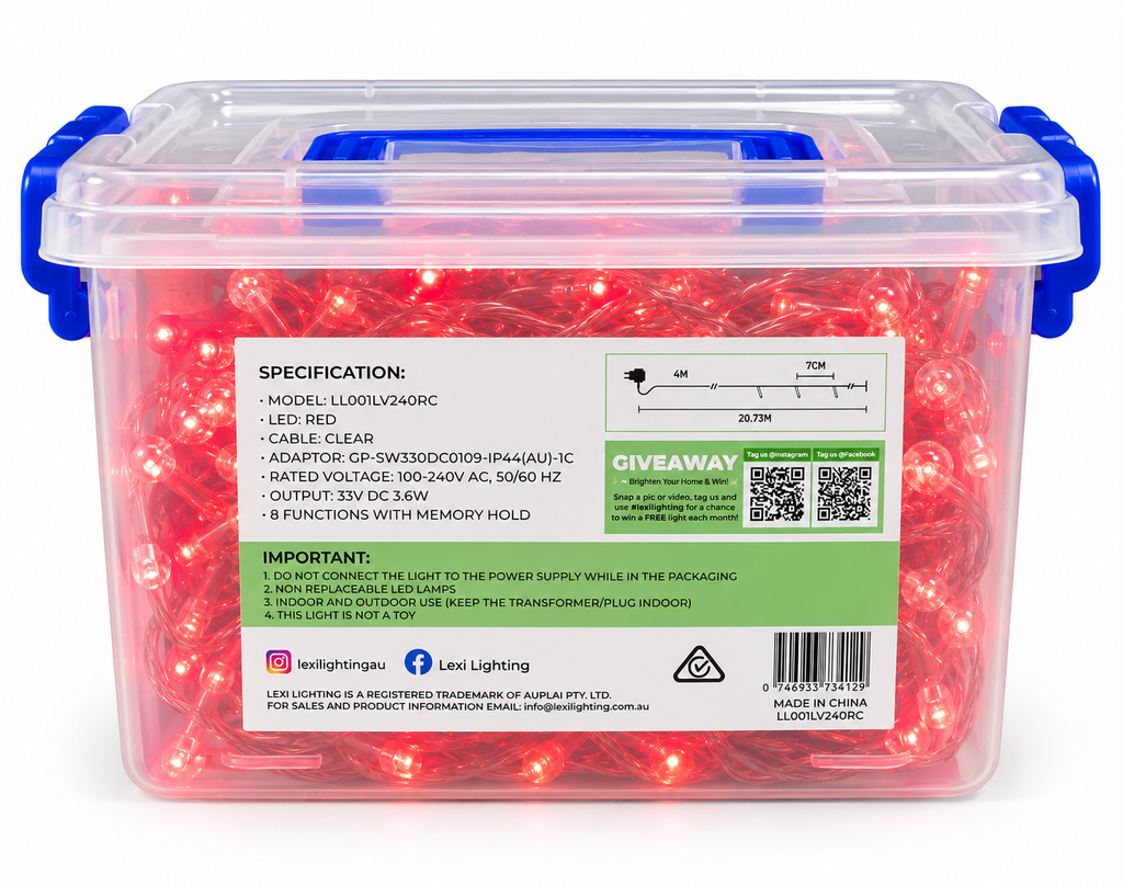 Back of the red fairy light packaging showing full product specifications, spacing diagram and red LEDs spilling out beside the storage tub