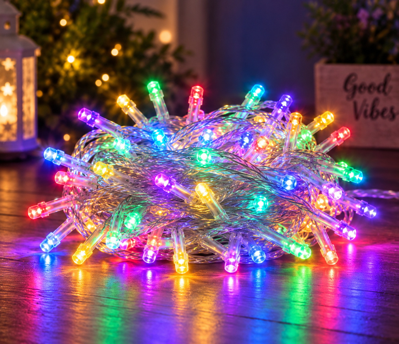 240 multicolour LED fairy lights coiled and glowing on a wooden floor beside a lit star lantern and a "Good Vibes" planter box, with a lit Christmas tree in the background