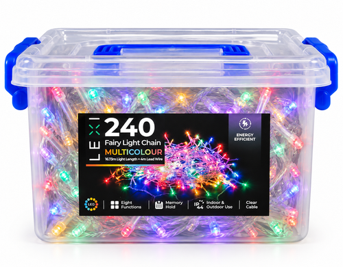 LE 240 multicolour fairy light chain packaged in a clear storage tub with blue clasps, showing energy efficient, eight functions, memory hold and IP44 rated features on the label