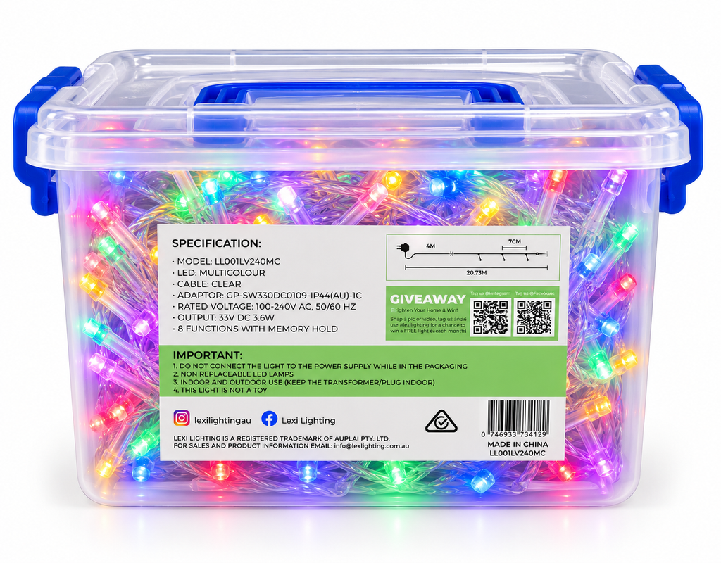 Back of the multicolour fairy light packaging showing full product specifications, spacing diagram and multicolour LEDs spilling out beside the storage tub
