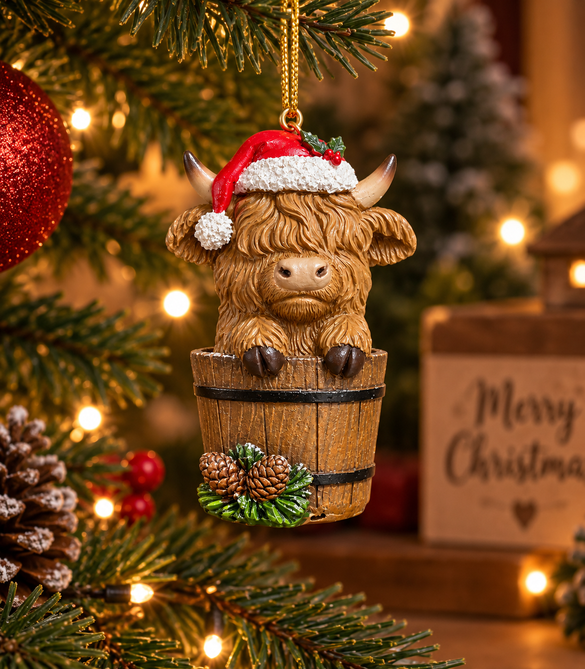 Highland cow in a bucket Christmas ornament wearing a Santa hat, hanging on a Christmas tree with a red bauble, pinecones and a "Merry Christmas" sign in the background