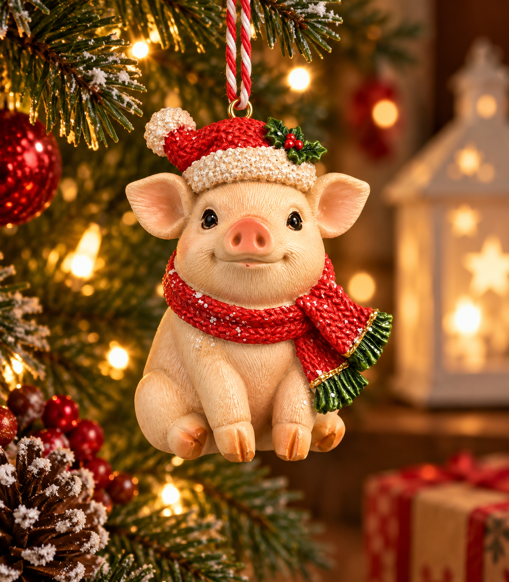 Pig Christmas ornament wearing a Santa hat and red scarf, hanging on a snowy Christmas tree with a red bauble, pinecones and a lit lantern in the background