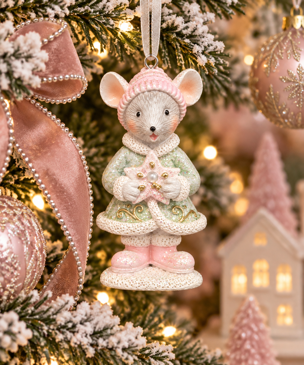 Mint green and pink star mouse Christmas ornament hanging on a decorated tree with pink ribbon and beaded garland
