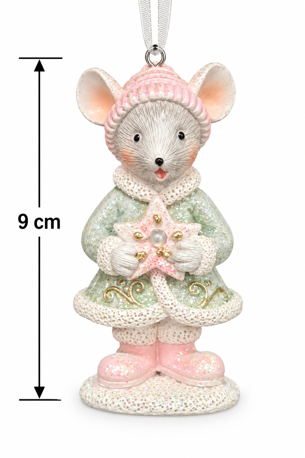 Mint green and pink star mouse Christmas ornament on white background showing full detail, 9cm height measurement with dimension arrows
